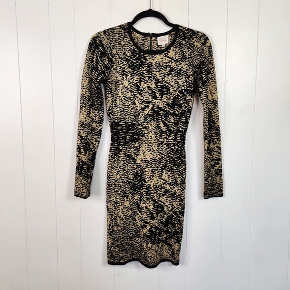 Parker Black Gold Knit Long Sleeve Knit Mini Bodycon Sweater Dress Size XS Cute - Picture 3 of 13